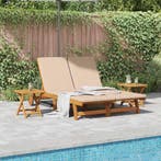 vidaXL Ligstoel met kussen Beige Massief Acacia Hout, Verzenden