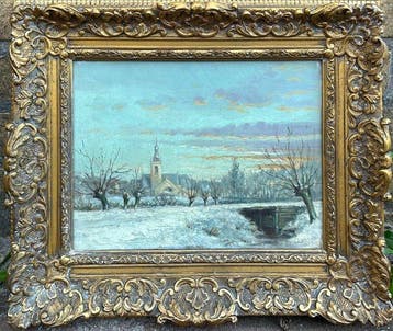 École néerlandaise (XX) - Winters landschap met dorp op de, Antiek en Kunst