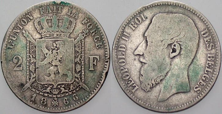 2 Franc 1866 Belgie-koenigreich Leopold Ii 1865-1909, Postzegels en Munten, Munten | Europa | Niet-Euromunten, België, Verzenden