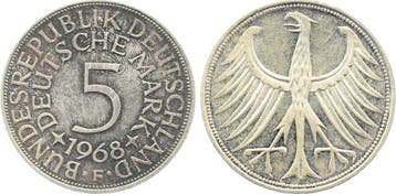 5 Mark Duitsland 5 duitse Mark 1968 F bfr/st Erstabschlag..., Verzenden