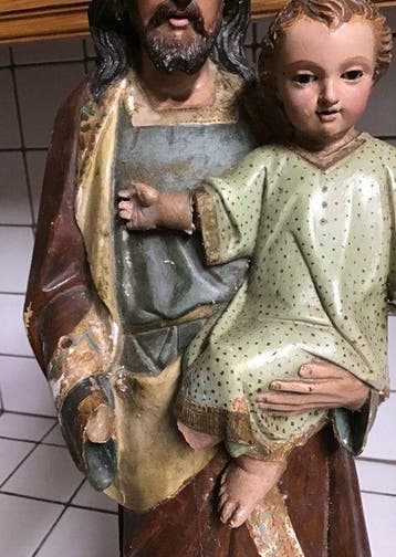 Statue, Oud houten beeld heilige Sint Jozef en kind Jezus -