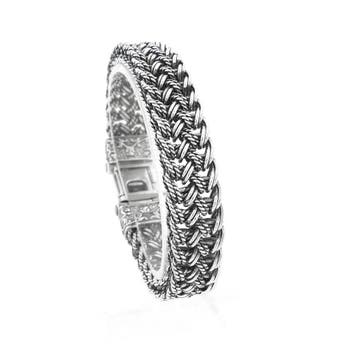 Zilveren brede fantasie/vossenstaart schakelarmband, Handtassen en Accessoires, Armbanden, Ophalen of Verzenden, Gebruikt, Zilver