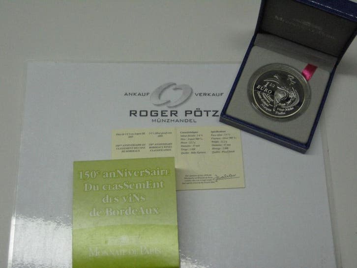 Frankreich 1,50 Euro Bordeaux Weine zilver Pp 2005 nur 2..., Timbres & Monnaies, Monnaies | Europe | Monnaies euro, Envoi