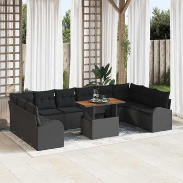 vidaXL Tuinbank Set 11 st Zwart Poly rattan, Verzenden