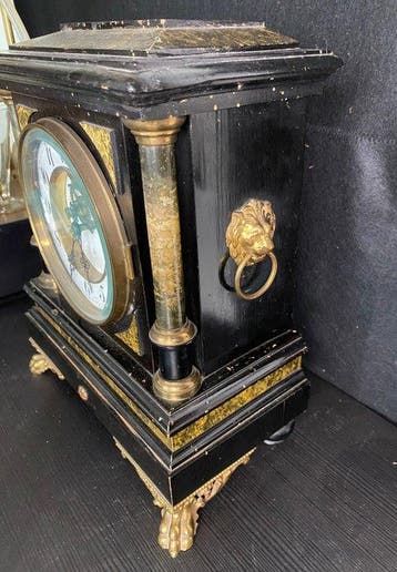 Pendule à balancier, Horloge de table - Bois, Verre, Laiton,