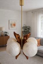 Plafondlamp - Glas, Hout, Messing - Een hanglamp met vijf