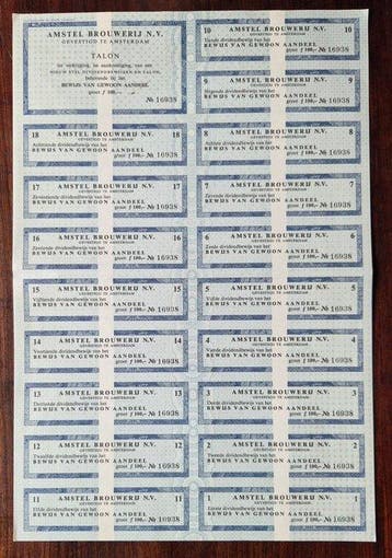 Pays-Bas. 100 Gulden - 1966 Amstel Brouwerij - aandeel