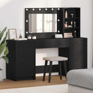 vidaXL Kaptafel met spiegellichten 3 pcs Zwart Eiken Bewerkt, Verzenden, Nieuw