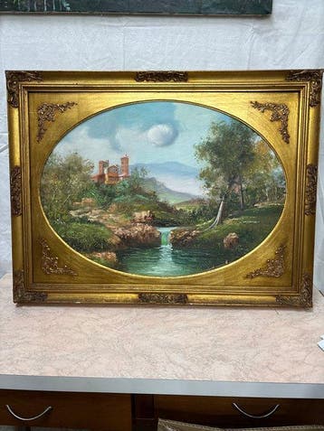 École néerlandaise (XX) - Paesaggio fluviale con case