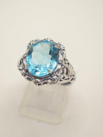 Argent, Bague Art déco en argent .925 avec aigue-marine -
