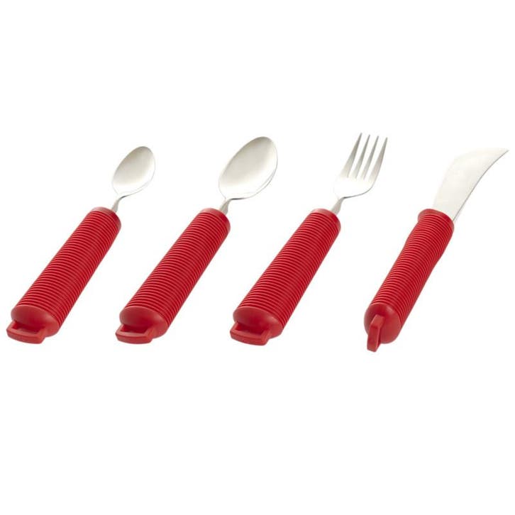 Aangepast bestek 4-delig verdikt, buigzaam, extra grip. ROOD, Diversen, Verpleegmiddelen, Ophalen of Verzenden