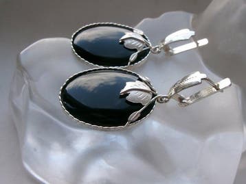 Argent, Onyx - Boucles doreilles - Style Art nouveau