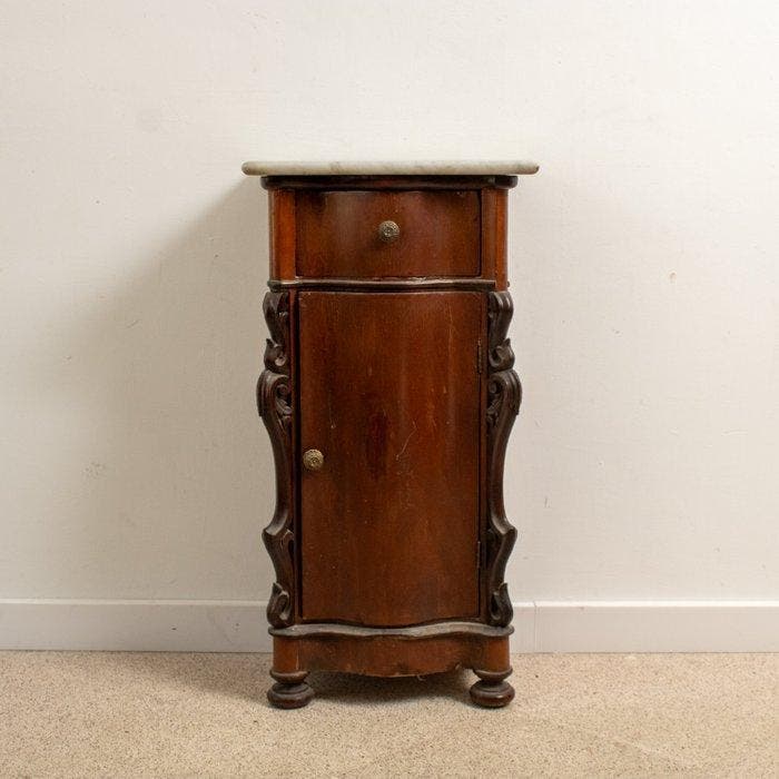 Nachtkastje - bijzettafel - Hout, Marmer, Messing -, Antiek en Kunst, Curiosa en Brocante
