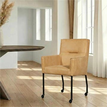 Leren eetkamerstoel met wieltjes en armleuning Lucky -, Huis en Inrichting, Stoelen, Nieuw, Leer, Ophalen of Verzenden, Bruin