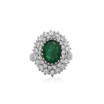 Bague - 18 carats Or blanc Émeraude - Diamant - Entourage