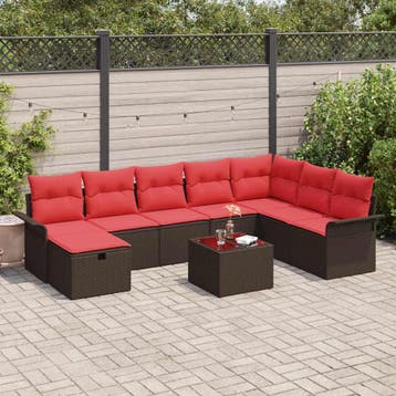 vidaXL Tuinbank Set 9 st Bruin en Rood poly rattan, Verzenden, Nieuw