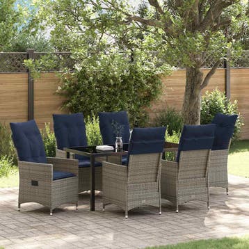vidaXL Tafel en stoelen set met kussen 7 pcs Grijs PE Riet, Tuin en Terras, Verzenden, Nieuw