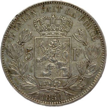 België. Leopold I. 5 Francs 1850 - position A - variety with