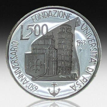 Italië. 500 Lire (University of Pisa), silver proof 1993