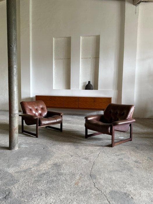 Fauteuil (2) - Leder, Hout, Antiek en Kunst, Kunst | Designobjecten