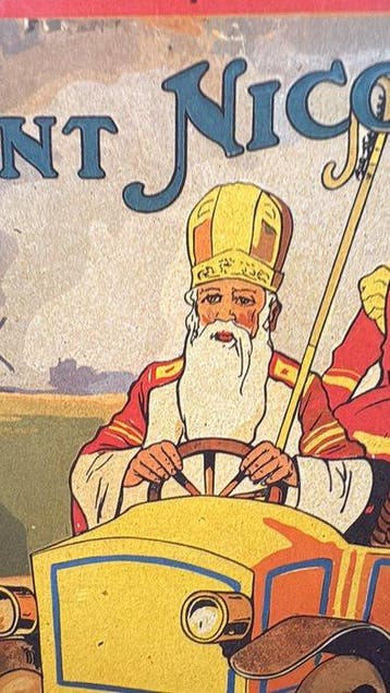 Vintage Sint Nicolaas reclamebord met klassieke auto – retro