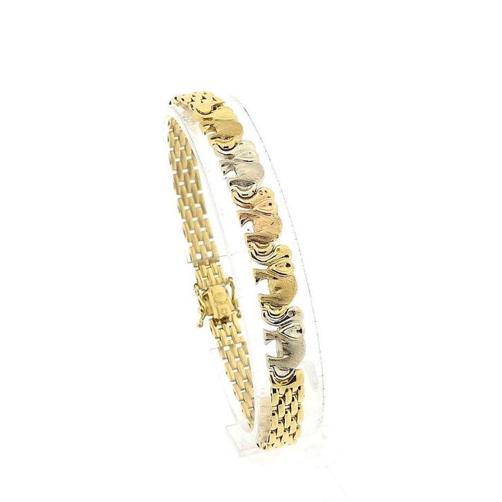 Tricolor gouden armband met olifanten (Schakelarmband), Handtassen en Accessoires, Armbanden, Goud, Gebruikt, Goud, Ophalen of Verzenden