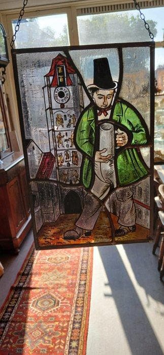 Antiek Glas-in-loodraam - Hand painted stained glass panel (, Antiek en Kunst