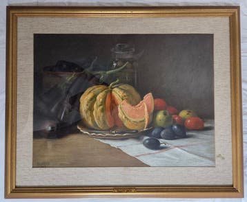 Marguerite Brun (XIX-XX) - Stilleven met meloen en fruit