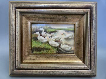 Maler Loy (XX-XXI) - Enten am Flussufer – Ölgemälde auf Holz, Antiek en Kunst
