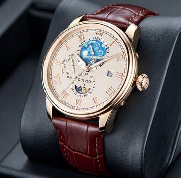 Oblvlo - Automatic - CALENDAR - Moon Sun - Gold - Sapphire -, Nieuw
