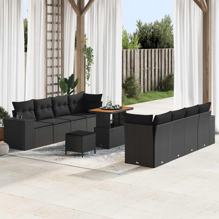 vidaXL Tuinbank Set met kussen met opslag 11 pcs Zwart poly, Tuin en Terras, Tuinsets en Loungesets, Nieuw, Verzenden