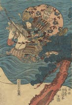 Taira no Atsumori dans les vagues - 1848 - Papier - Utagawa