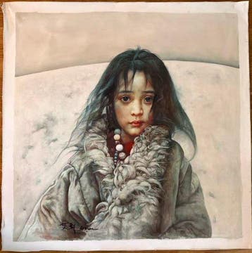 OIL PAINTING ON CANVAS“Tibetan girl” - Signed -, Antiek en Kunst