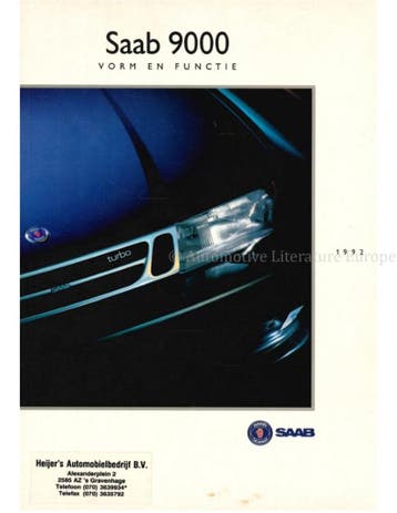 1992 SAAB 9000 VORM & FUNCTIE BROCHURE NEDERLANDS, Nieuw
