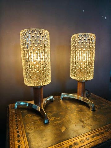 Tafellamp - Kristal, Teak - Twee tafellampen