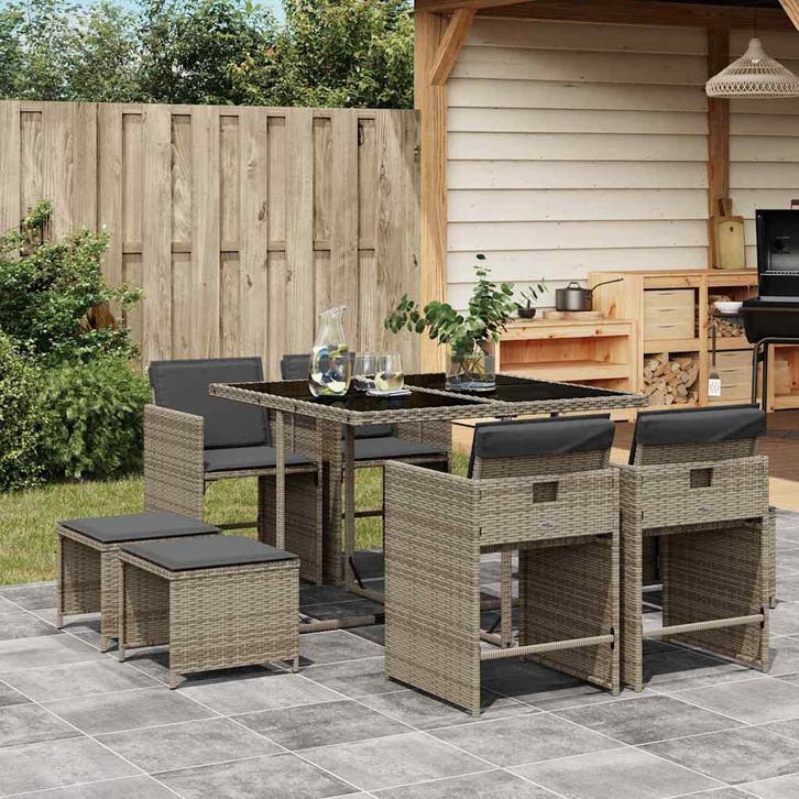 vidaXL 9-delige Tuinset met kussens poly rattan grijs, Tuin en Terras, Tuinsets en Loungesets, Tuinset, Nieuw, Verzenden