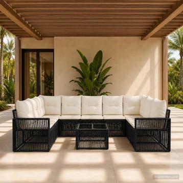 vidaXL Tuinbank Set 10 st Zwart en Crème Wit poly rattan, Tuin en Terras, Verzenden, Nieuw