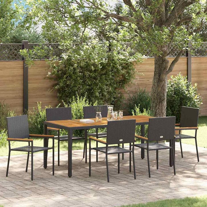 vidaXL Tuin Eettafel Set 7 pcs Zwart poly rattan, Tuin en Terras, Tuinstoelen, Nieuw, Verzenden