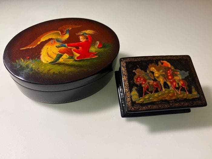 Palekh - Hobbydoos (2) - Papier-maché - Lot van 2 vintage, Antiquités & Art, Curiosités & Brocante