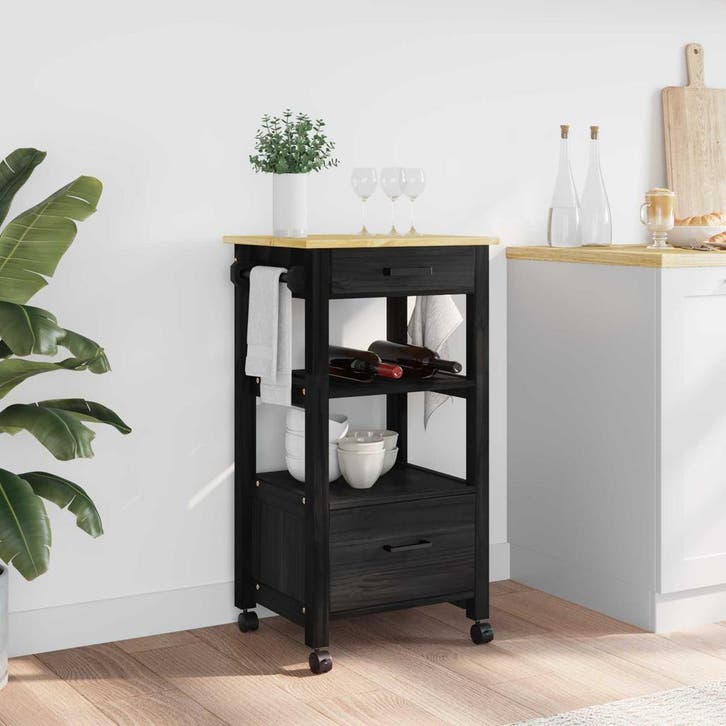 vidaXL Keuken Trolley MONZA Zwart 48 x 40 x 88,5 cm Massief, Huis en Inrichting, Keuken | Keukenbenodigdheden, Nieuw, Verzenden