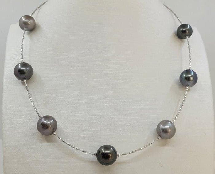 Halsketting - 18 karaat Witgoud - Ronde Tahitiaanse parels, Handtassen en Accessoires, Kettingen