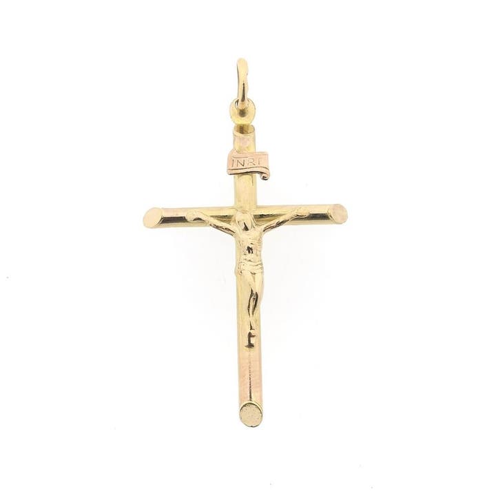 Gouden hanger van een kruis met corpus; INRI, Handtassen en Accessoires, Bedels, Gebruikt, Overige merken, Goud, Ophalen of Verzenden