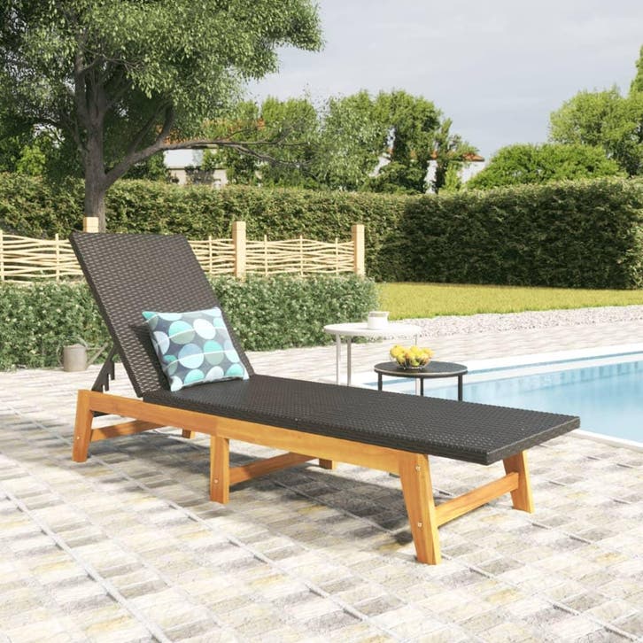 vidaXL Ligbed poly rattan en massief acaciahout zwart en, Tuin en Terras, Ligbedden, Nieuw, Verzenden