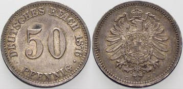 50 Pfennig 1876 C Kleinmunten-kaiserreich Kleiner Adler, Postzegels en Munten, Verzenden, België
