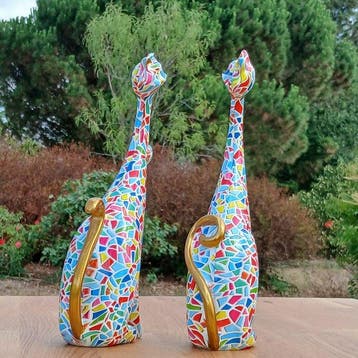 Sculpture, Couple de chats mosaique - 24 cm - Résine