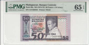 Madagascar 50 Francs Nd 1974-75 Pick 62a Pmg Gem Unc 65 Epq, Verzenden, België