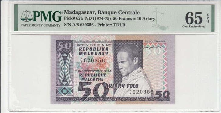 Madagascar 50 Francs Nd 1974-75 Pick 62a Pmg Gem Unc 65 Epq, Timbres & Monnaies, Billets de banque | Europe | Billets non-euro