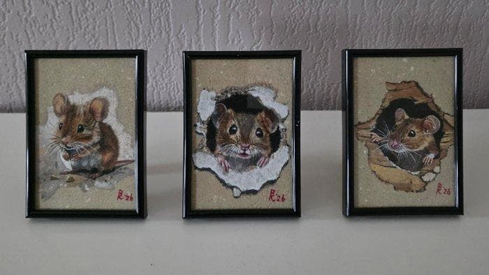 R.Benda (1953) - 3 fotolijstjes met schattige muisjes, Antiek en Kunst, Kunst | Schilderijen | Klassiek