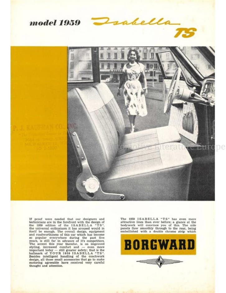 1959 BORGWARD ISABELLA TS BROCHURE ENGELS (USA), Livres, Autos | Brochures & Magazines