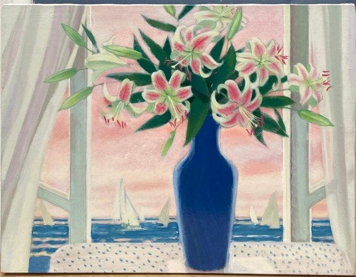 Yves Ganne (1931-2019) - Bouquet à la fenêtre et voiliers., Antiek en Kunst, Kunst | Schilderijen | Klassiek